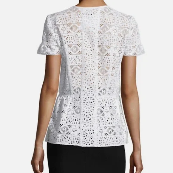 OSCAR DE LA RENTA Snap Peplum Blouse Crochet Lace White